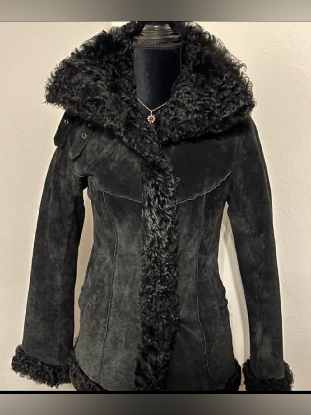 Vintage Express Black Suede Jacket With Fur Trim Y2K Penny Lane Long Coat XS